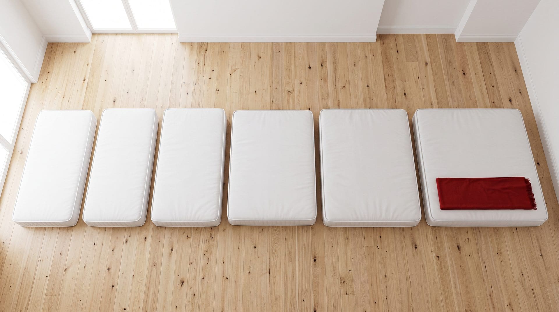 Six white mattresses on a timber floor arranged from smallest to largest, showing the Australian mattress sizes from single to king