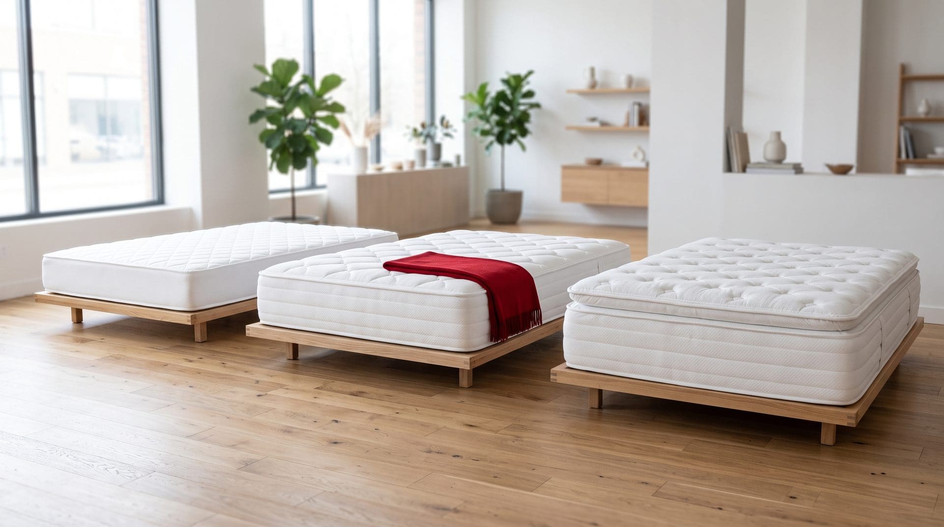 Three white mattresses on timber bases in a bright showroom, from a slim firm mattress to a medium mattress and a thick pillow top